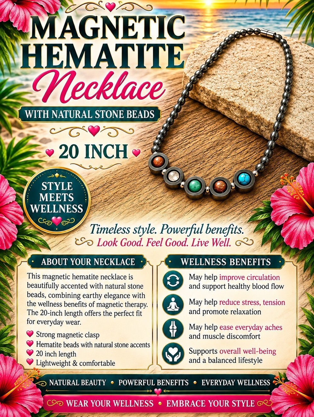 21.  Magnetic Hematite Necklace with Natural Stone Beads - Black